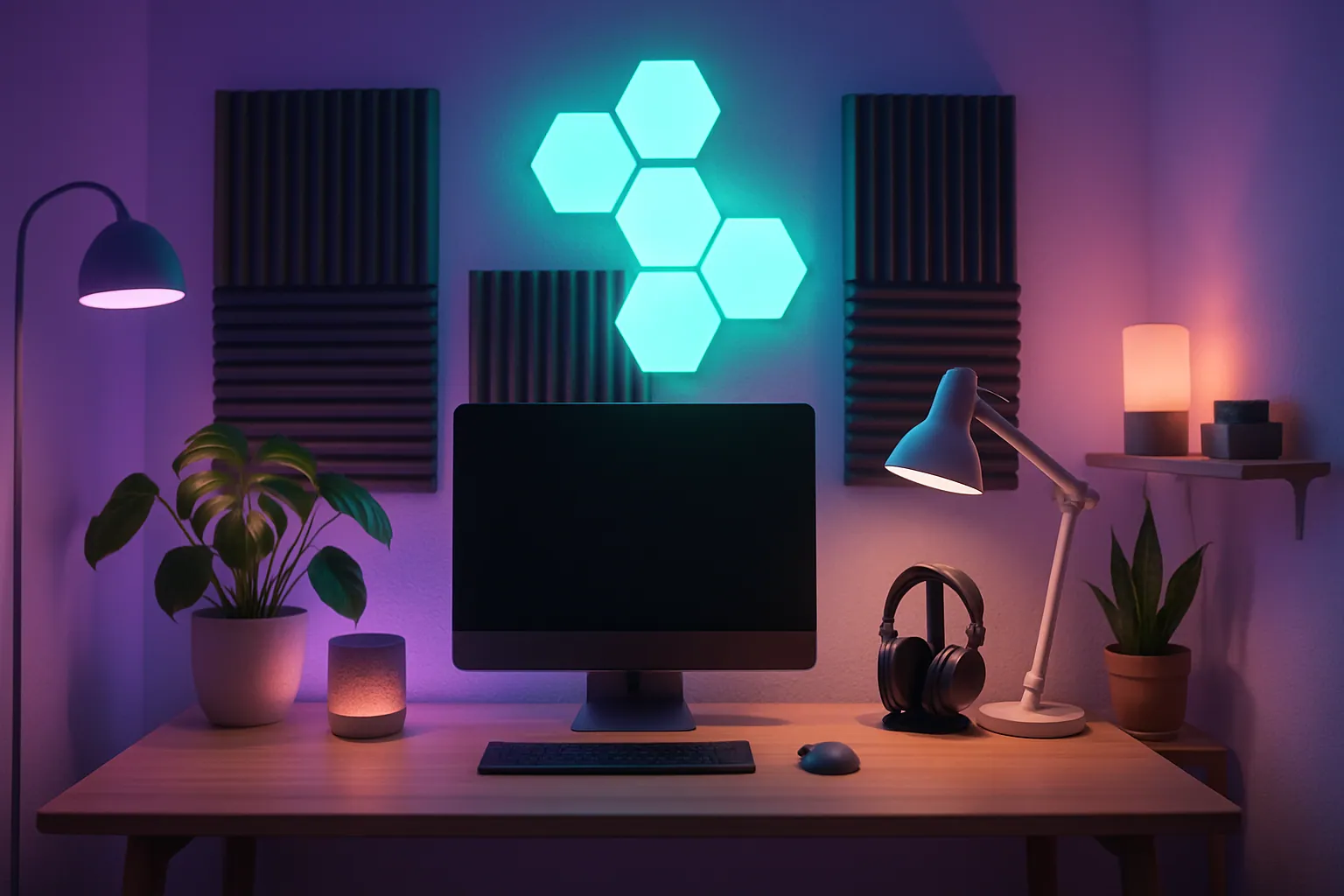 Dark desk setup with warm ambient lighting and a projected night-sky wall